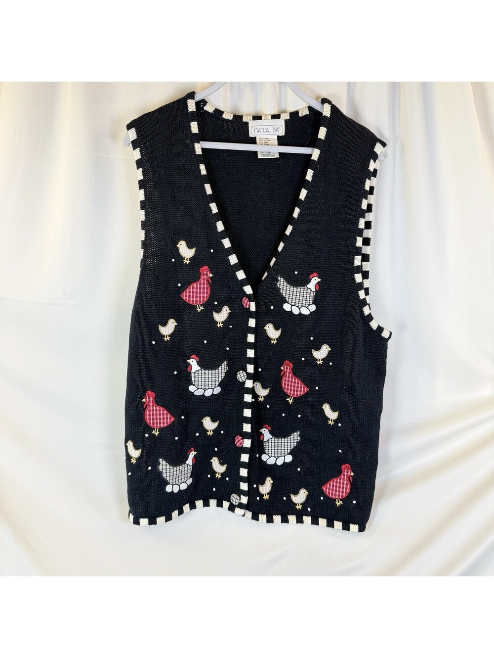 Mandal Bay Womens Vintage Knitted Chicken Vest Black  & White Chicks Eggs Sz XXL